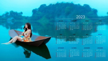 обоя календари, девушки, азиатка, река, лодка