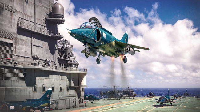 Обои картинки фото авиация, боевые самолёты, author, oreskis, авианосец, якoвлев, як38, истребитель, вертикальный, взлет