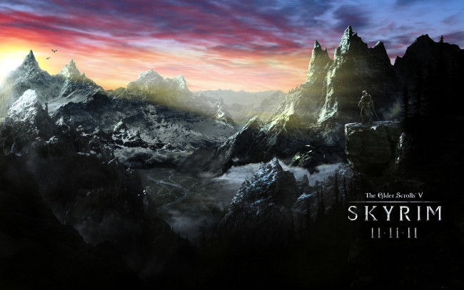 Обои картинки фото видео игры, the elder scrolls v,  skyrim, горы, закат, дорога, воин