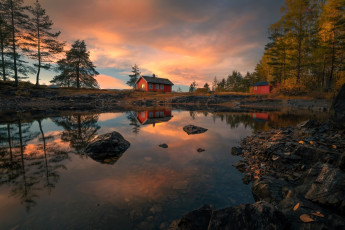 обоя ringerike,  norway, города, - здания,  дома, деревья, дома, осень, озеро, камни